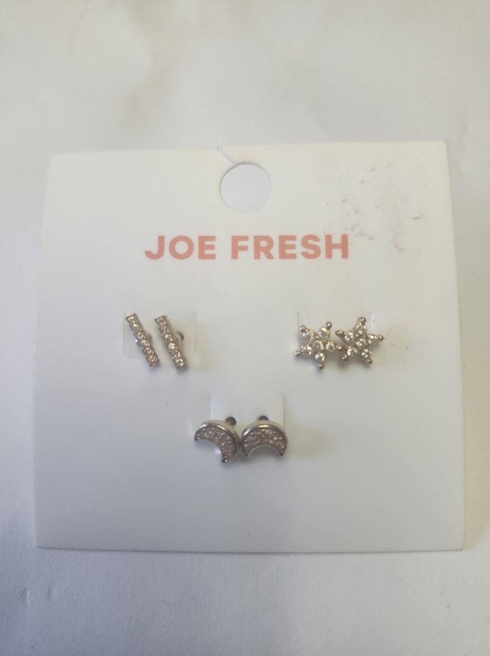 Joe Fresh Silver Crystal Stud Earring Trio - Moon, Star & Bar